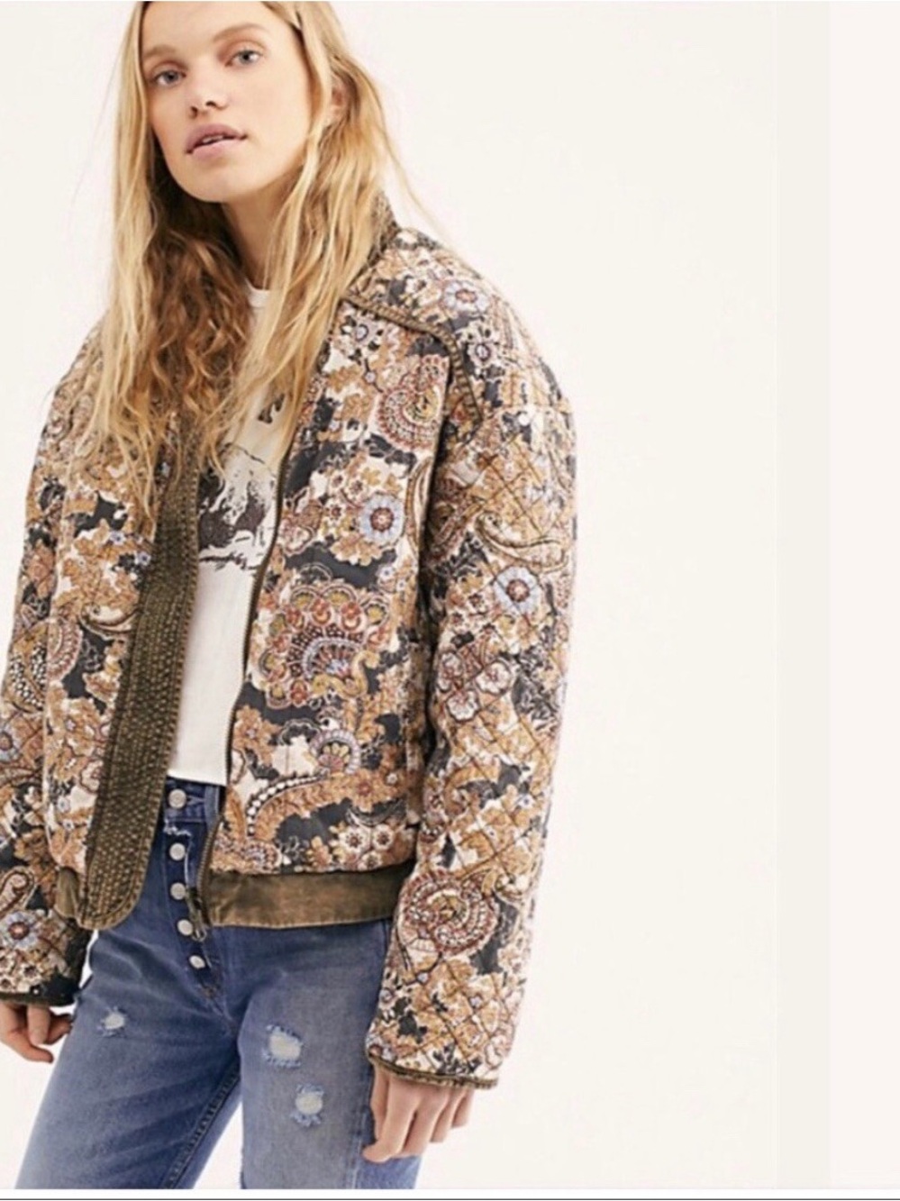 Free People Great Escape Dolman Jacket Quilted Paisley Bomber in Brown